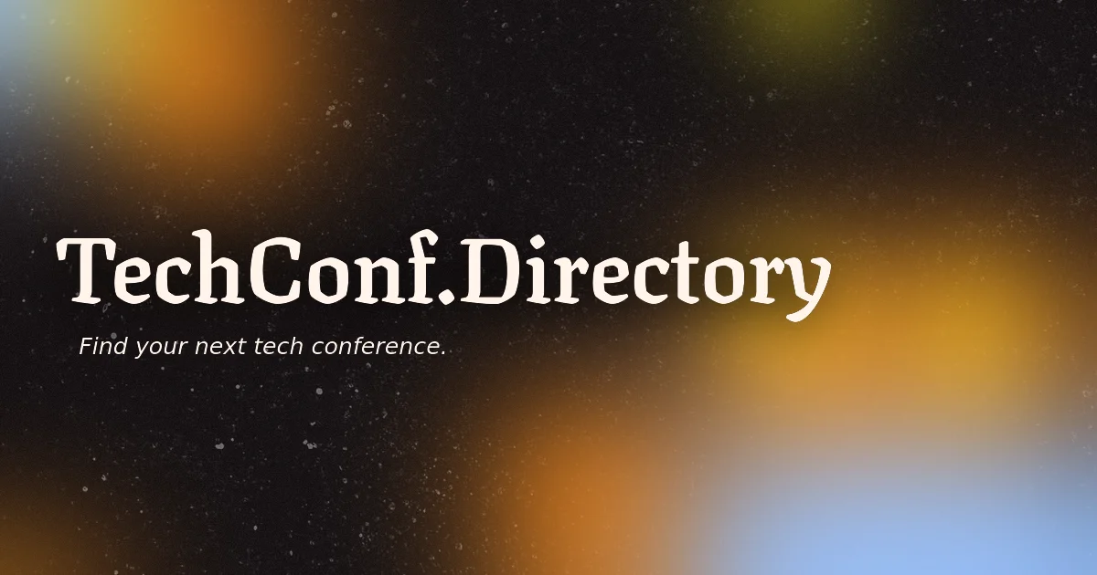 Text reading 'TechConf.Directory. Find your next tech conference.' on a grainy gradient background.